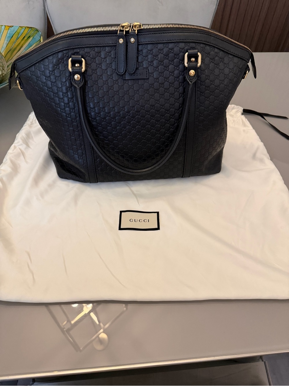 Gucci Black Embossed Leather Tote with Gold Hardware